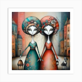 Two Women Holding Lanterns Art Print