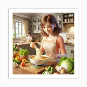 Asian Girl Cooking In The Kitchen Art Print