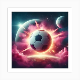 A Photo Realistic Soccer Ball As A Planet In Space With Pink Smoke And Explosions, With 2 Moons In The Background, Digital Art Art Print