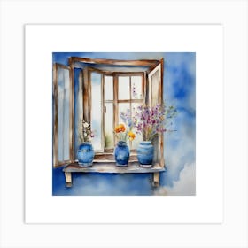 Blue wall. Open window. From inside an old-style room. Silver in the middle. There are several small pottery jars next to the window. There are flowers in the jars Spring oil colors. Wall painting.5 Art Print