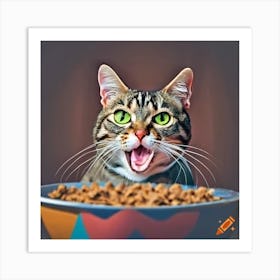 Craiyon 142504 Tabby White Bellied Cat With Big Smile Behind Large Bowl Of Kibble Art Print