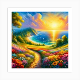 Sunset on a meadow with flowers and seascape Art Print