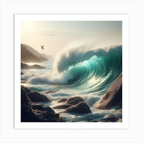 Ocean Waves Breaking Over Rocks Art Print