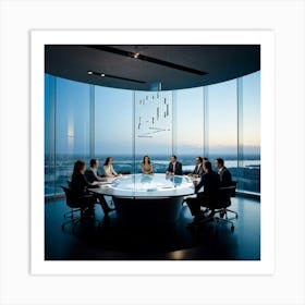 Business Team In Mid Strategizing Session Seated Around A Sleek Oval Glass Table Reflecting Ambien Art Print