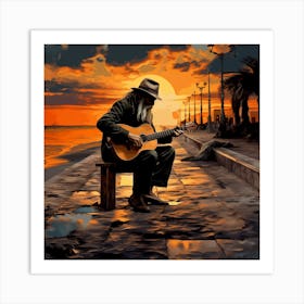 Man Playing Guitar At Sunset Art Print