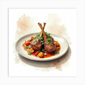 Watercolor Sketch Of A Savory And Hearty Lamb Stew On A Chic Restaurant Table Art Print