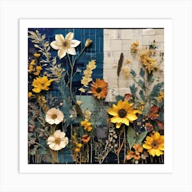 Collaged Flowers, wall art of Eclectic collage with vibrant dried flowers and textured backgrounds of fabric swatches, handwritten notes, and sheet music Art Print