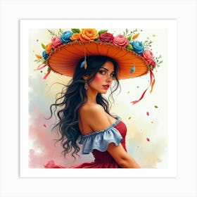 Spanish Woman In A Lively Carnival, Watercolor With Vibrant, Festive Colors 1 Art Print