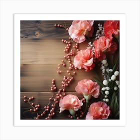 Pink Carnations On Wooden Background 2 Art Print