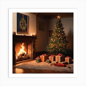 Christmas Tree In Front Of Fireplace 9 Art Print