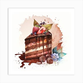 Watercolor Piece Of Cake Covered with Chocolate and fruits Art Print