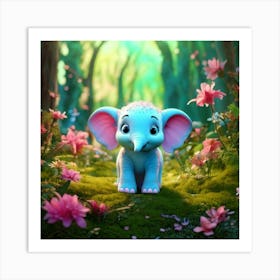 Firefly 3d, Animated, Cute, Little, Round, Turquoise, Elephant, Baby, Forest, Pink Flowers, Whimsica (3) Art Print