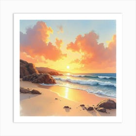 Spanish Beach Sunset With Gentle Watercolor Strokes And Warm Hues Art Print