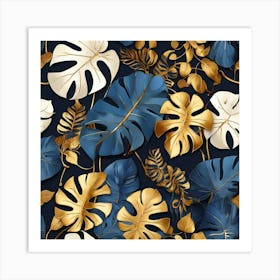 Golden and blue leaves of Monstera Art Print