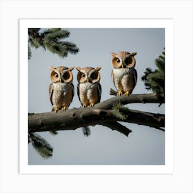 Three Owls On A Branch Art Print