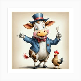 Cow And Rooster Art Print