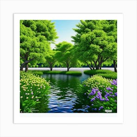 Lake With Trees And Flowers Art Print