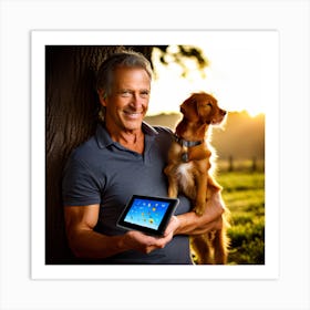 Man Holding Tablet With Dog Art Print