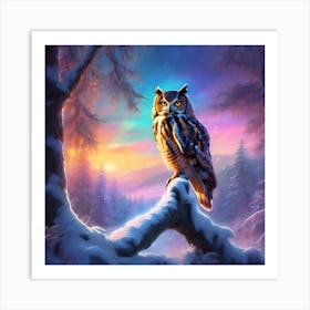 The Winter Forest, Owl at Sunset Art Print