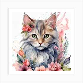 Coon Cat Watercolor Painting Art Print