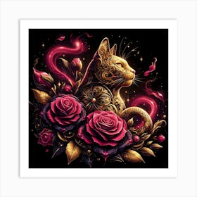 Cat With Roses 3 Art Print