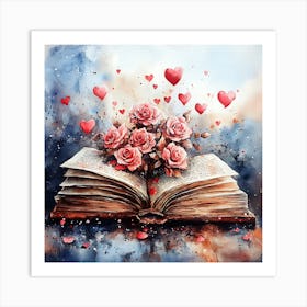 Watercolor Romantic Book Roses Hearts 11 Art Print