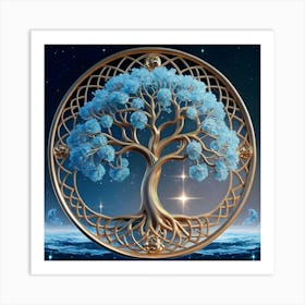 Blooming Skybluebluegold Tree Of Life In Silve (3) Art Print