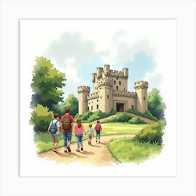 A Watercolor Of A Family Visiting An English Castle, Exploring The Ancient Grounds 1 Art Print