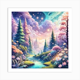 A Fantasy Forest With Twinkling Stars In Pastel Tone Square Composition 367 Art Print