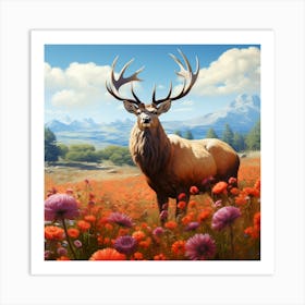 Elk In A Field Of Flowers Art Print