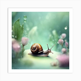 Whimsical Climb An Enchanting Illustration Of A Snail On A Dew Kissed Leaf (5) Art Print