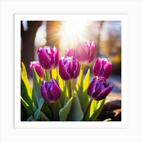 Bouquet Of Vibrant Purple Tulips Rising Toward A Majestic Sun In A Lush Spring Park Three Graceful 2 1 Art Print