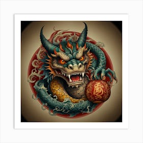 Neo oriental tattoo style dragon with a daruma and a kappa cs Art Print