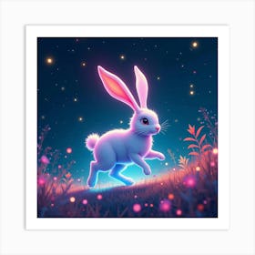 An Abstract Rabbit With Ears Of Cascading, Neon Light Hopping Through A Celestial Meadow Art Print