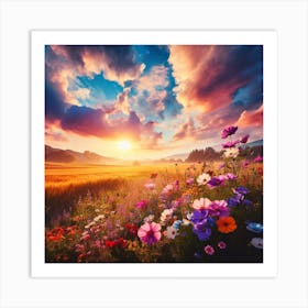 Sunset With Flowers Art Print