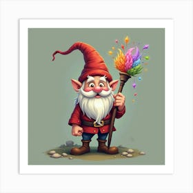 A Whimsical Gnome With A Pointed Hat And A Colorful, Magical Staff 1 Art Print