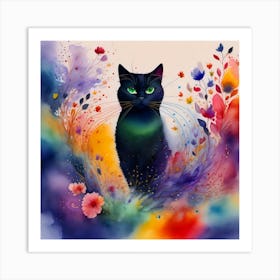Black Cat With Flowers 1 Art Print