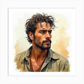 Spanish Man With A Rugged Look, Watercolor With Earthy Colors 1 Art Print