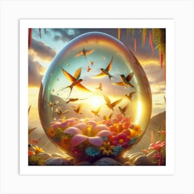 Crystal Egg with hummingbirds-Sunset behind Art Print