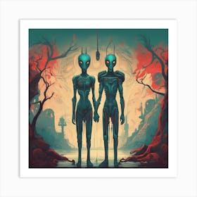 Alien Couple Painted To Mimic Humans, In The Style Of Art Elements, Folk Art Inspired Illustrations Art Print