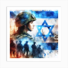 Israeli Soldier In Front Of The Flag 1 Art Print