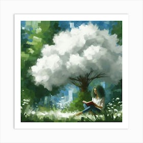 Girl Reading Under A Tree, Acrylic Painting Style Art Print