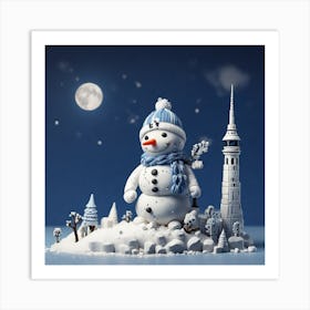 Snowman In The Snow Art Print