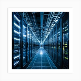 A Large Telecom Datacenter Interior Framed By Numerous Towering Server Racks No Human Presence The Art Print