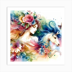 Unicorn Girl With Flowers Art Print