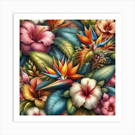 Pattern of tropical leaves and flowers 1 Art Print