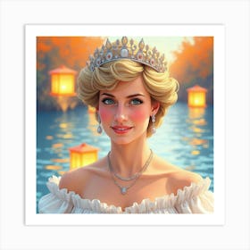 Watercolor Princess Diana With A Serene Background Of Floating Lanterns 1 Art Print