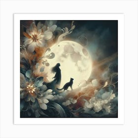 Cat And The Girl silhouette in the moonlight 1 Art Print