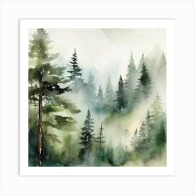 Appalachian Mountains of Misty Pines Watercolor Print of Evergreen Forest..372 Art Print