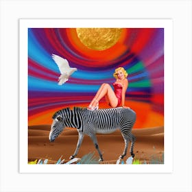 Zebra - colors - white dove - girl - photo montage Art Print
